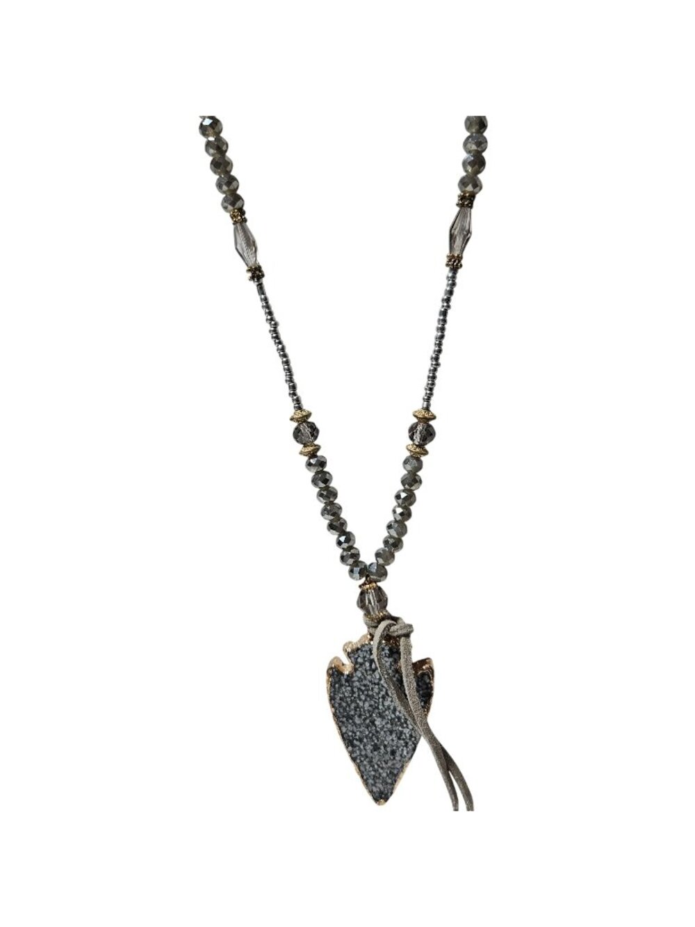 Handcrafted Druzy Crystal Arrowhead Pendant Necklace Beaded Chain Leather Tassel
